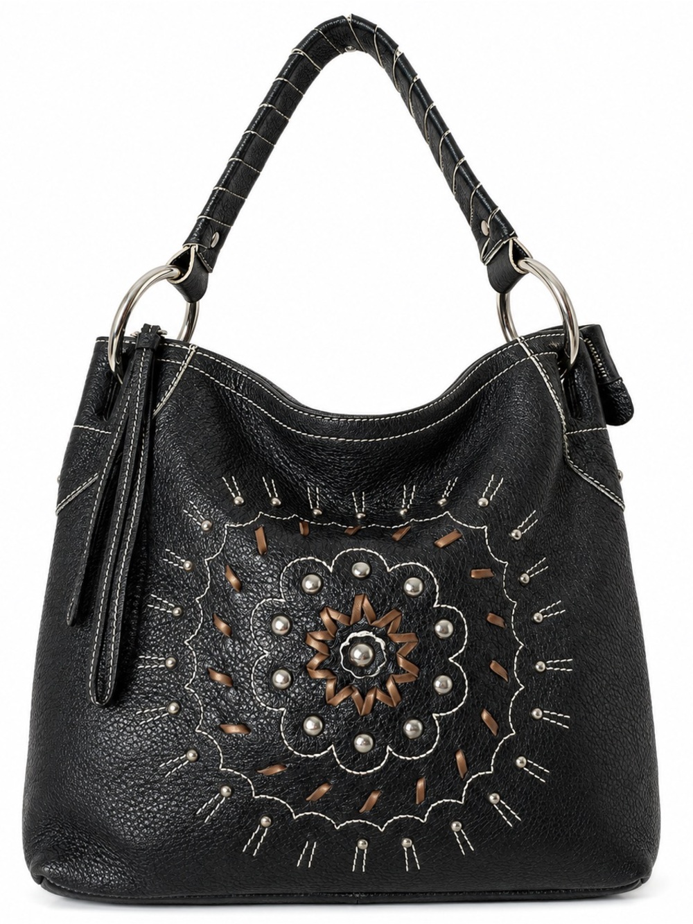 Franco Sarto Black Leather Studded Floral Hobo Shoulder Bag
